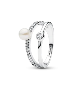 Treated Freshwater Cultured Pearl & Pavé Double Band Ring