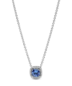 Sparkling Square Blue Halo Pendant Necklace