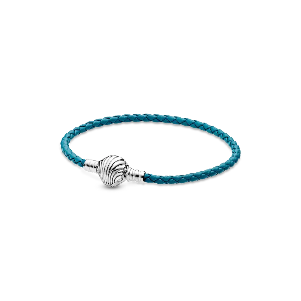Pandora Moments Seashell Clasp Turquoise Braided Leather Bracelet