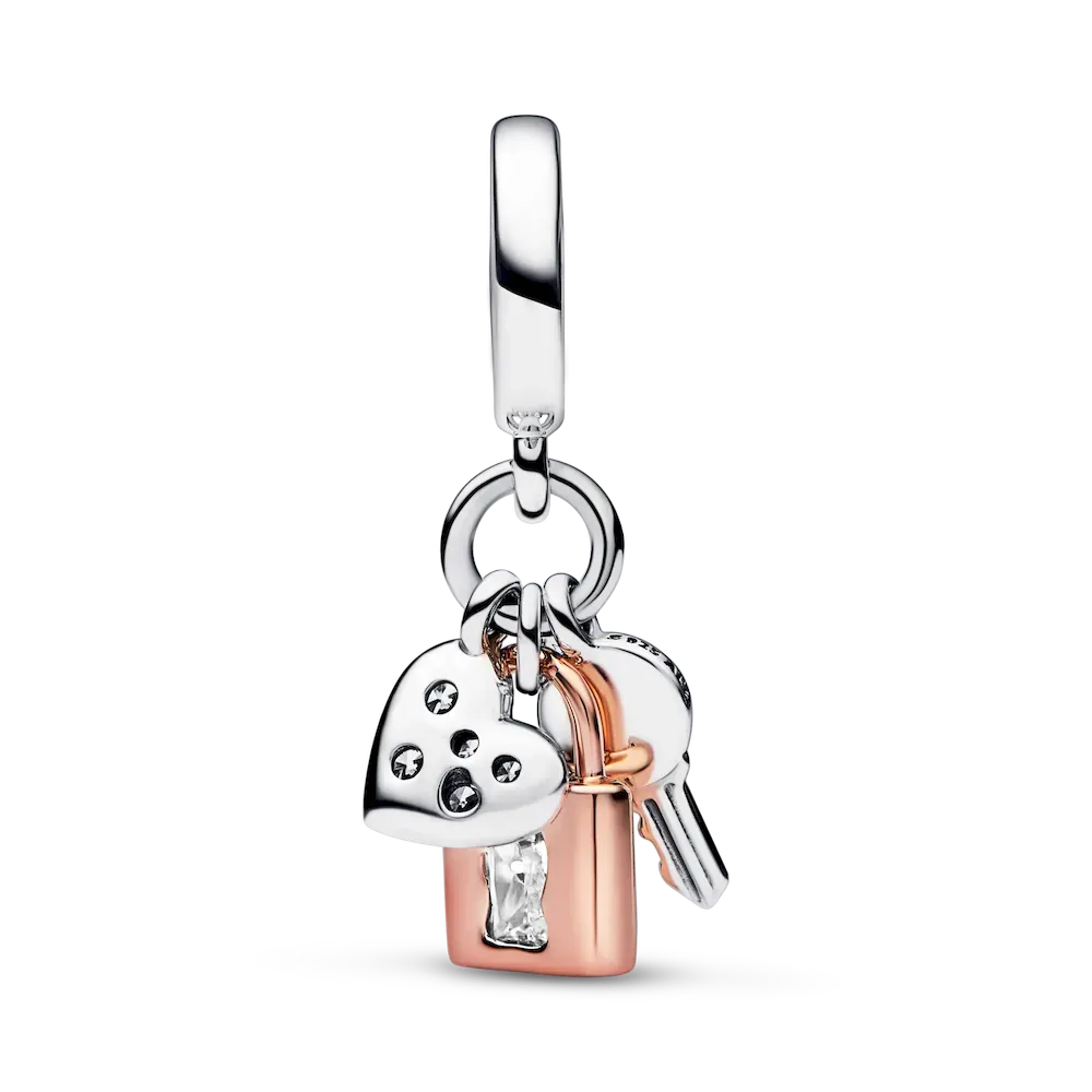 Two-tone Key, Padlock & Heart Triple Dangle Charm - Image 4