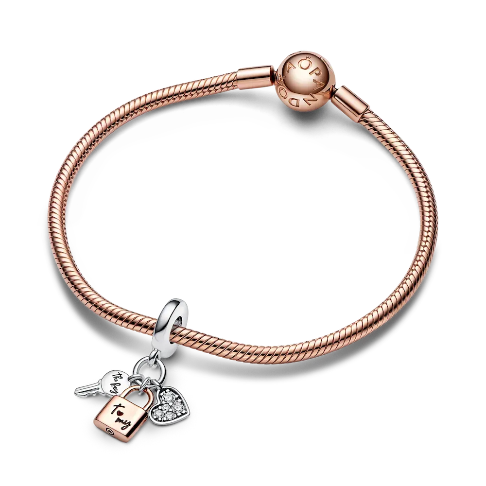 Two-tone Key, Padlock & Heart Triple Dangle Charm - Image 5