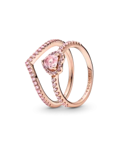 Sparkling Pink Heart Wishbone Ring Set