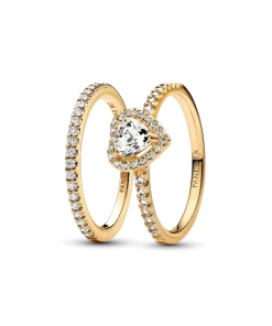 Playful Love Golden Elevated Heart Sparkling Band Ring Set