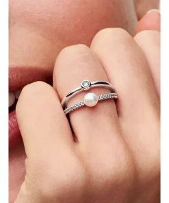 Alternative view of Treated Freshwater Cultured Pearl & Pavé Double Band Ring